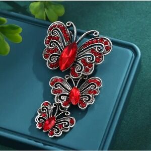 Butterfly Brooch Set Vintage Style‎ Red Rhinestone Silver Tone Lapel Pin